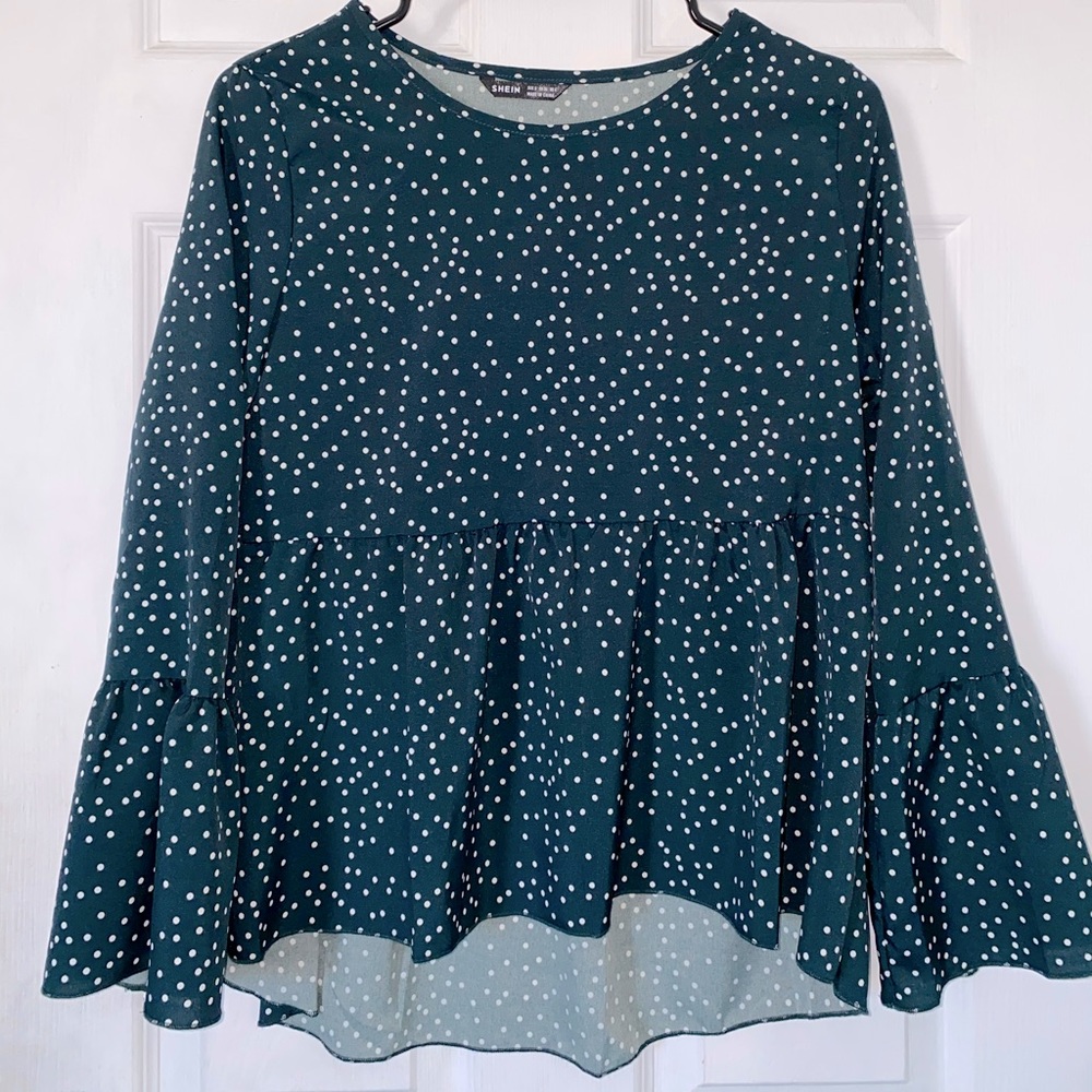 High Low Bell Sleeve Polka Dot Blouse
